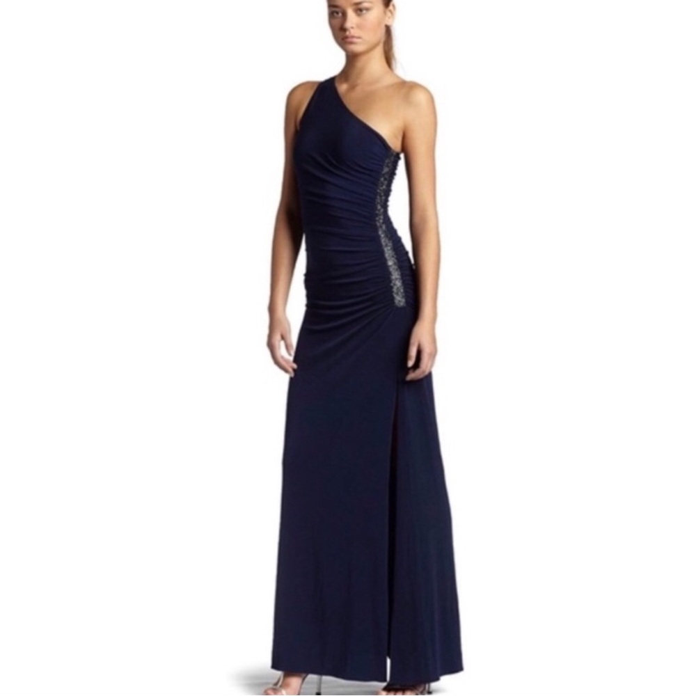 Laundry By Shelli Segal One Shoulder Matte Jersey Gown Size 6 Midnight Blue EUC